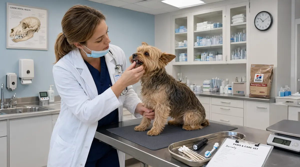 Veterinario revisando la dentadura y las articulaciones de una raza de perro pequeño en consulta