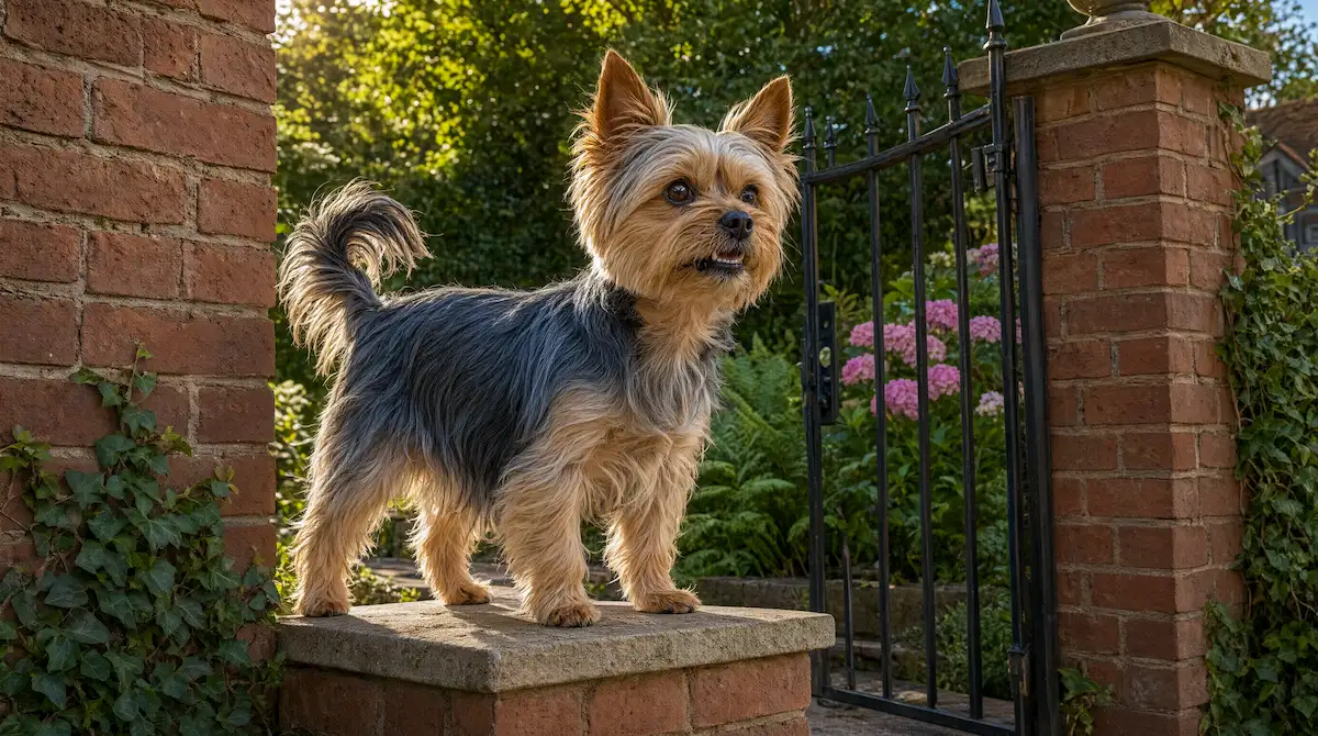 Raza de perro pequeño de tipo yorkshire terrier en actitud alerta mostrando su instinto territorial heredado