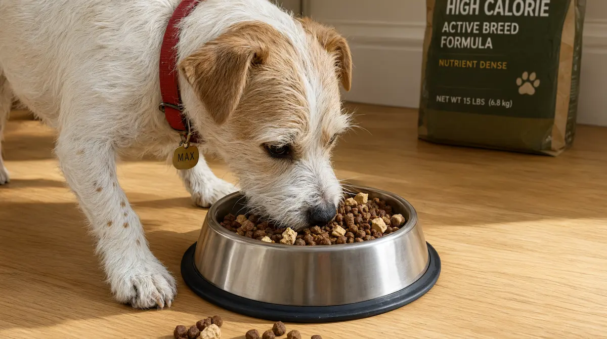 Raza de perro pequeño comiendo una ración de comida de alta densidad calórica en su comedero