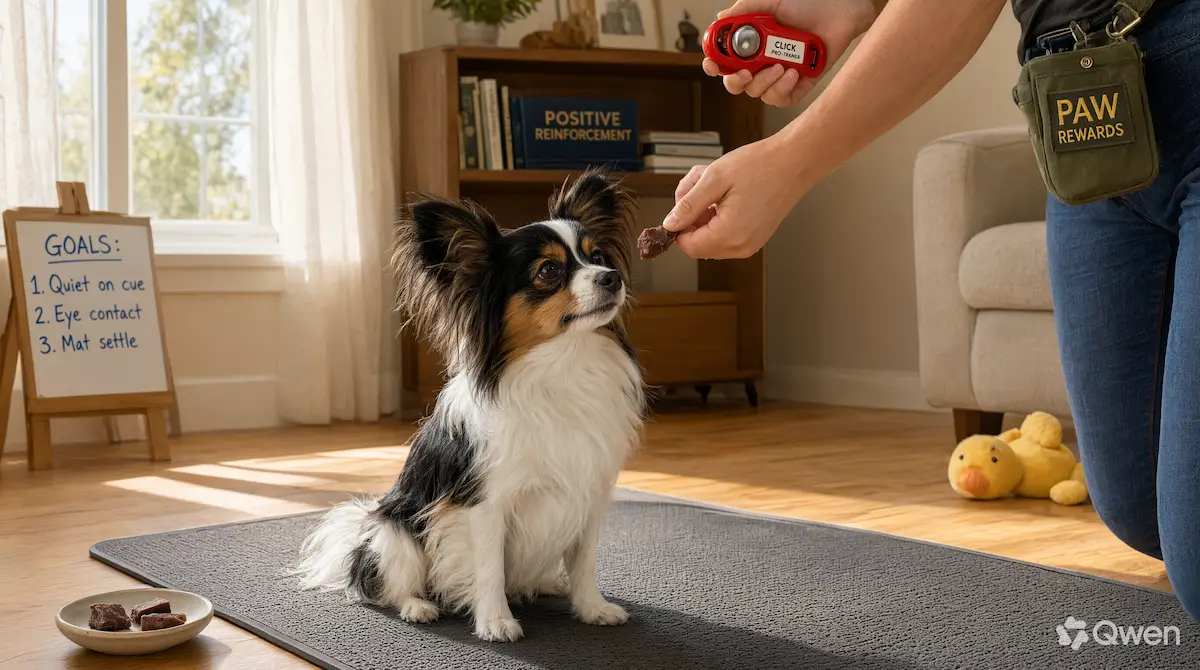 Sesión de adiestramiento con refuerzo positivo para reducir el ladrido de una raza de perro pequeña
