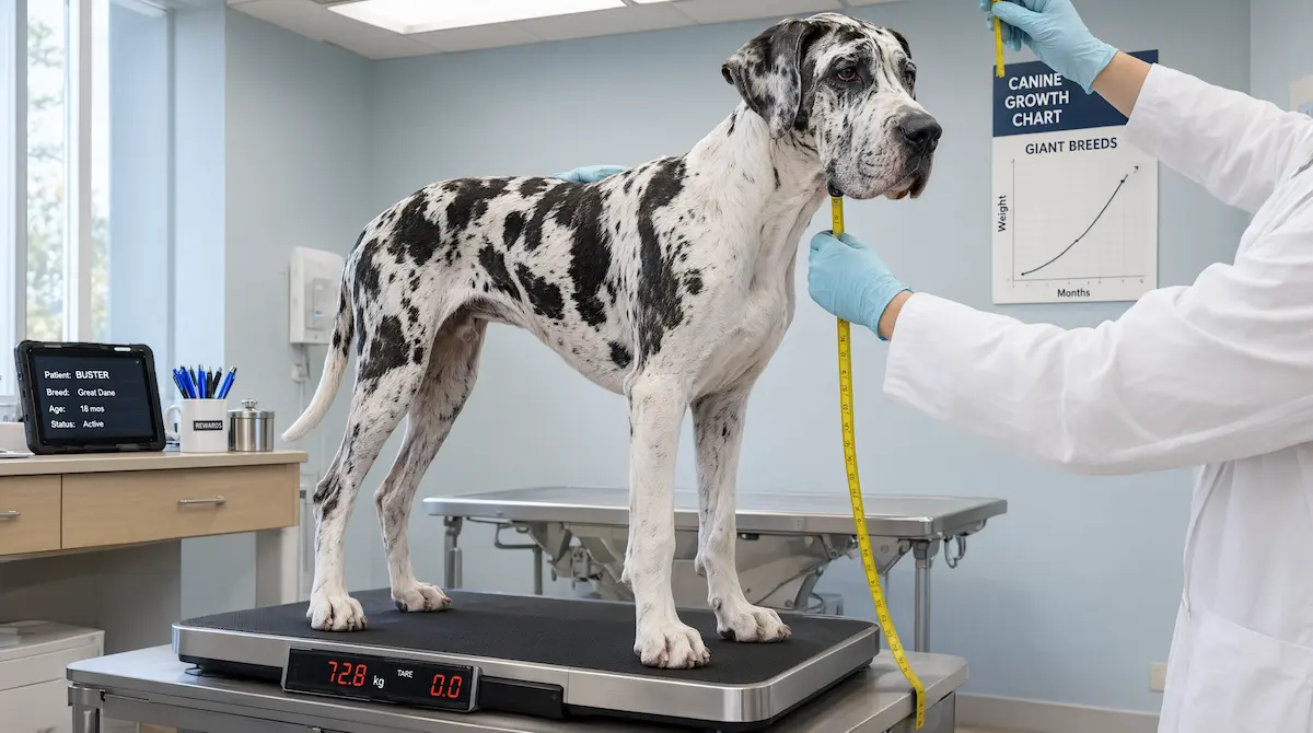 Cachorro de perro gigante en revisión veterinaria de crecimiento durante su segundo año de vida