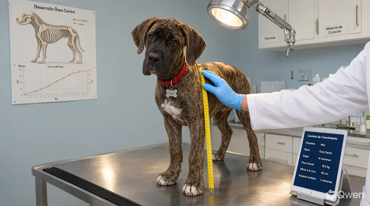 Cachorro de raza de perro grande en revisión veterinaria de crecimiento controlado