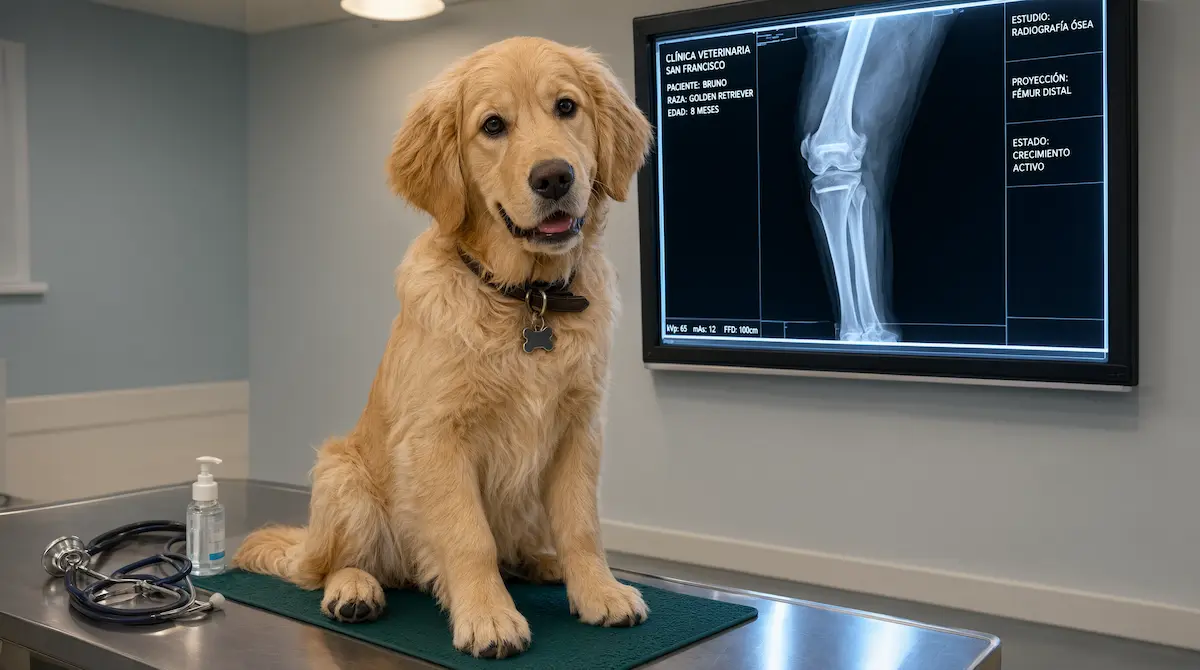 Cachorro de raza grande en revisión radiográfica de crecimiento óseo durante su primer año de vida