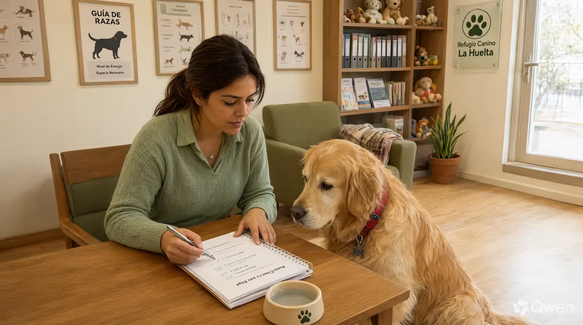 Persona evaluando junto a una raza de perro grande los pasos clave para elegir la raza adecuada