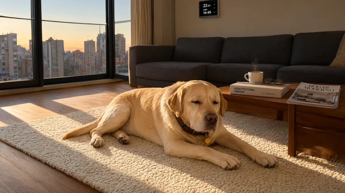 Perro de raza grande de temperamento tranquilo descansando en el salón de un piso sin jardín