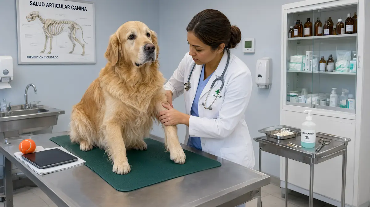 Veterinario examinando las articulaciones de un perro de raza grande durante una revisión preventiva