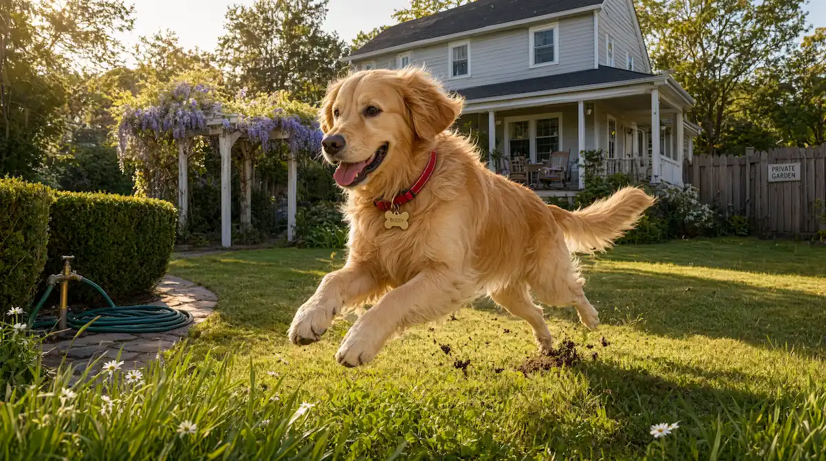 Perro de raza grande jugando y corriendo libremente en el jardín de una vivienda familiar