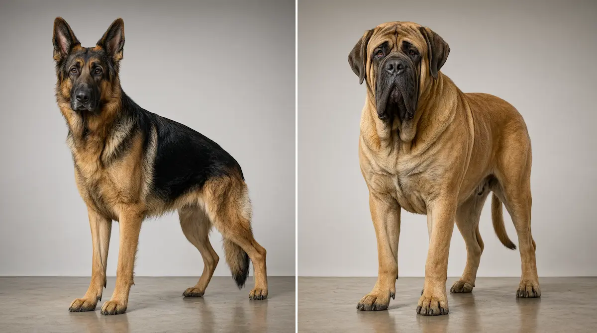 Comparativa lado a lado entre un perro de raza grande y un perro de raza gigante de tamaño similar en altura