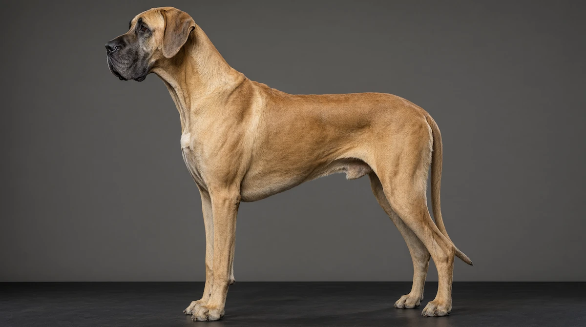 Primer plano de un perro de raza grande mostrando su estructura ósea y proporción corporal característica