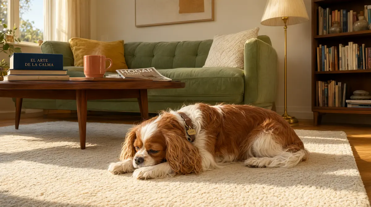 Raza de perro pequeño de temperamento tranquilo descansando en silencio en el salón de casa