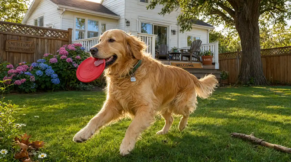 Raza de perro grande jugando en el jardín de una vivienda familiar con espacio exterior amplio