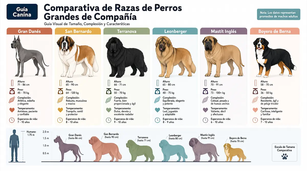 Comparativa de razas de perros grandes de compañía reunidas mostrando su tamaño y complexión