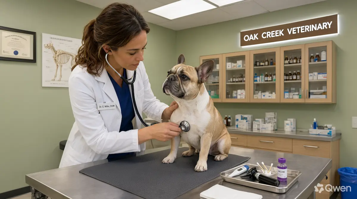 Veterinario examinando una raza de perro pequeña con predisposición genética a condiciones de salud costosas