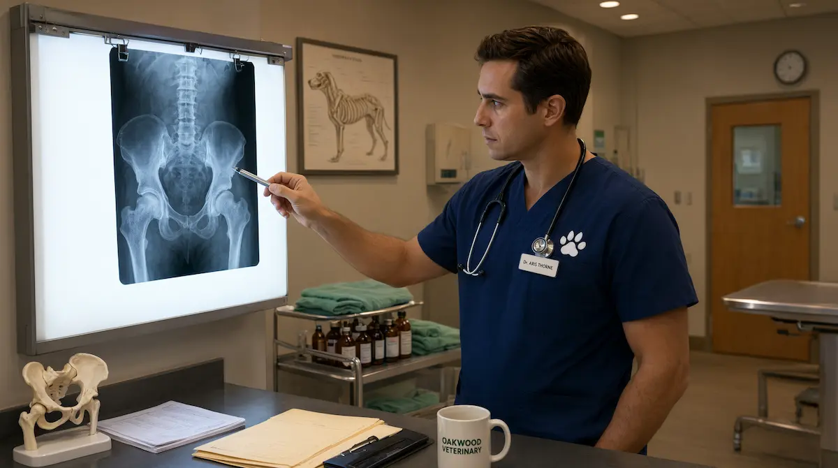 Veterinario revisando la radiografía de cadera de una raza de perro grande para detectar displasia