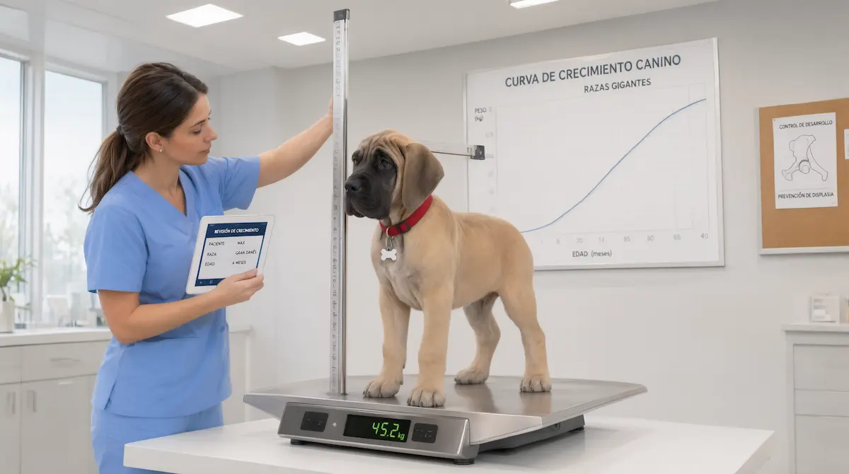 Cachorro de perro gigante en revisión de crecimiento controlado durante su desarrollo óseo