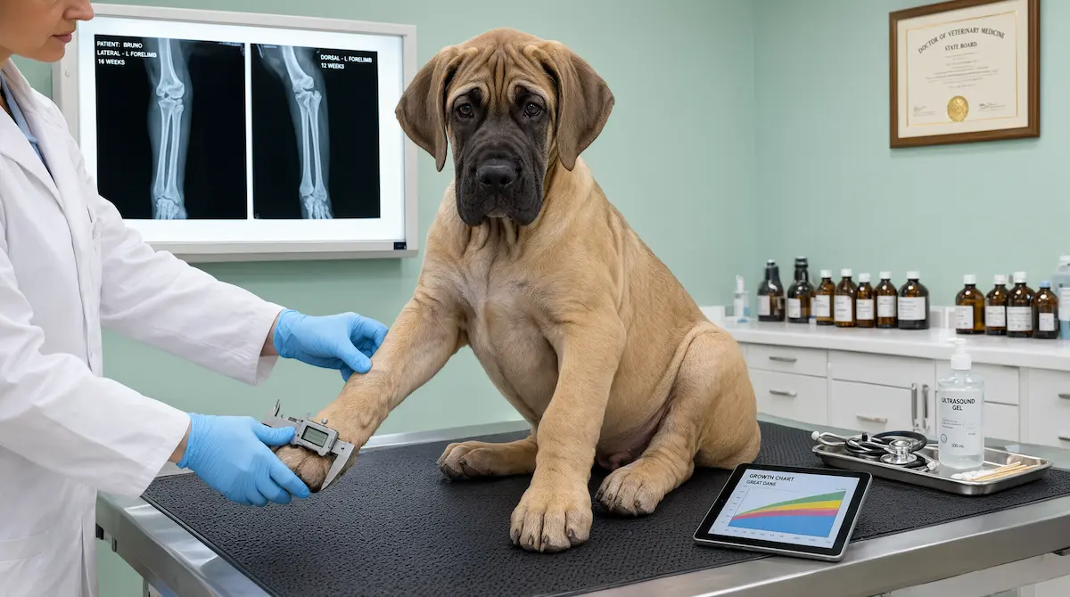 Cachorro de perro gigante en revisión veterinaria de crecimiento óseo durante su desarrollo