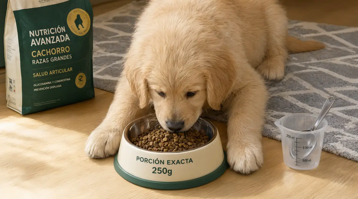 Cachorro de perro grande comiendo una ración controlada como medida preventiva de displasia de cadera