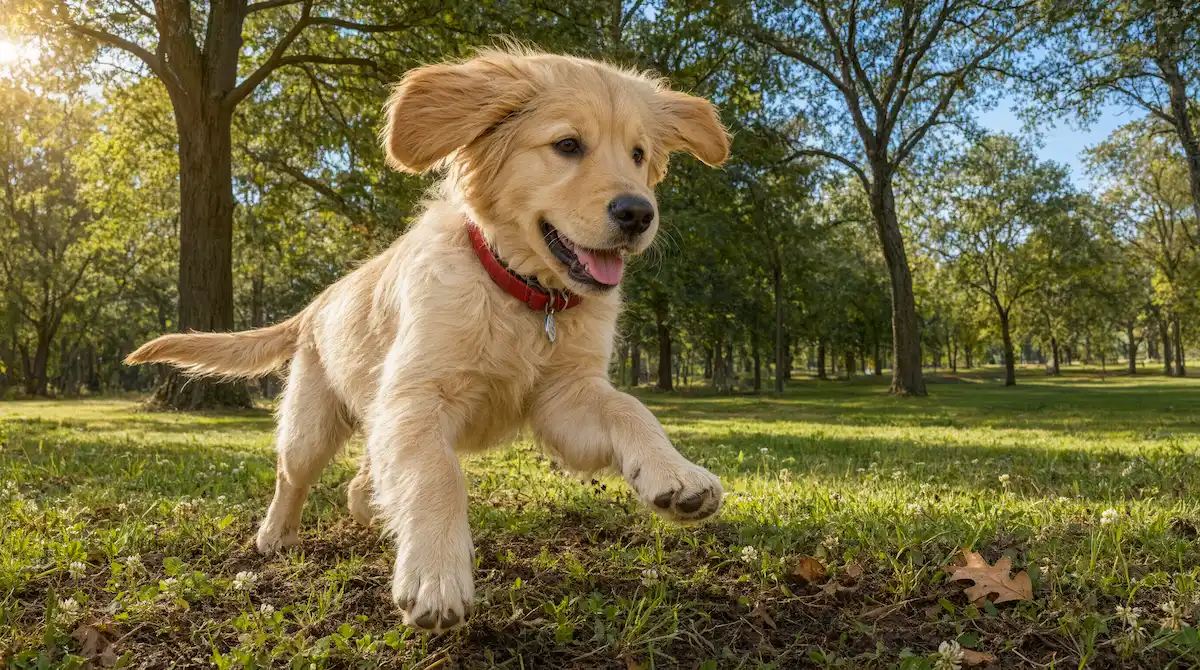 Cachorro de perro grande jugando libremente en un parque de terreno blando y natural