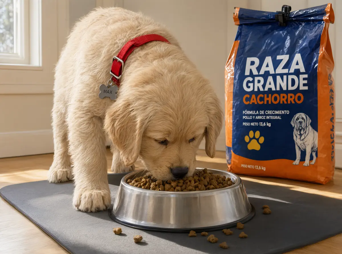 Cachorro de perro grande comiendo pienso formulado específicamente para su etapa de crecimiento