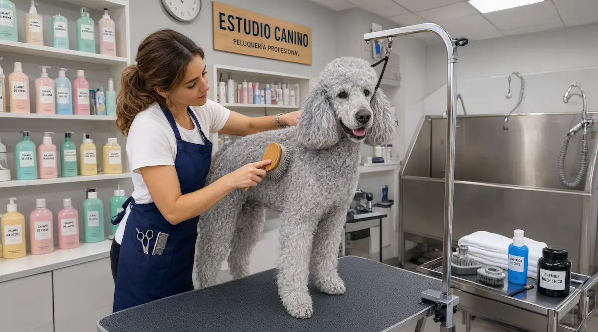 Persona cepillando el pelaje de un perro de raza grande como parte de su rutina de aseo básico