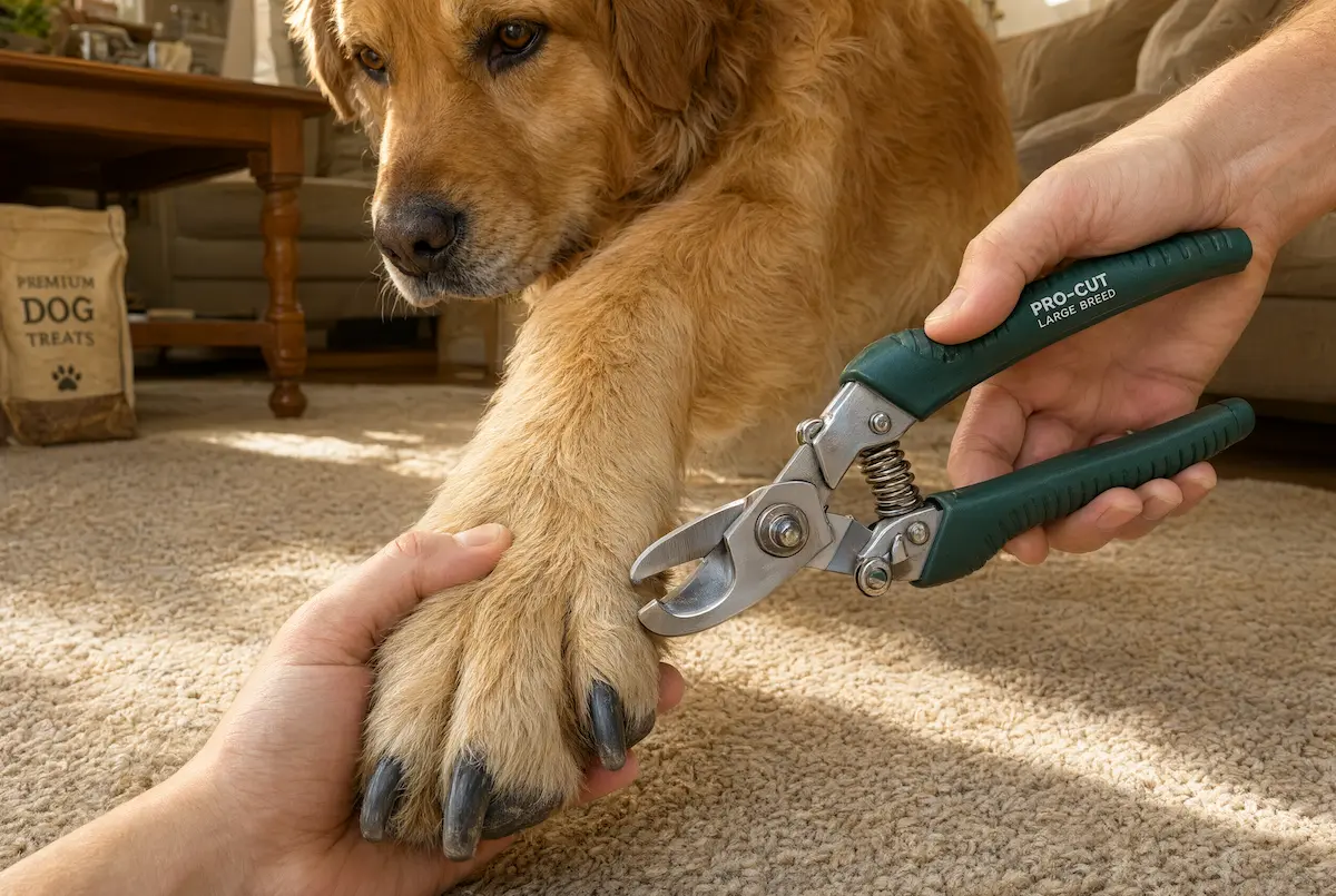 Corte de uñas de un perro de raza grande con cortaúñas adaptado a su tamaño