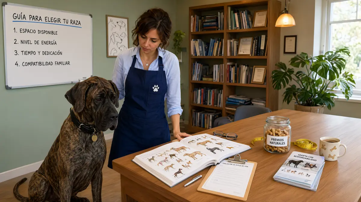 Persona evaluando junto a un perro de raza gigante los pasos clave para elegir la raza adecuada