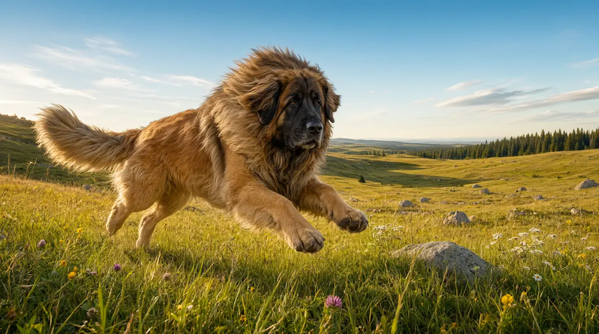 Leonberger, raza de perro gigante de alta energía, aprovechando un amplio espacio exterior