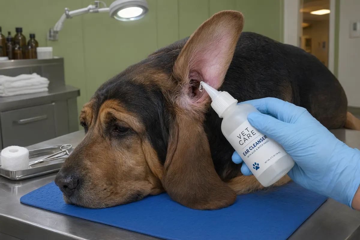 Limpieza de oídos de un perro de raza grande de orejas caídas con solución auricular específica