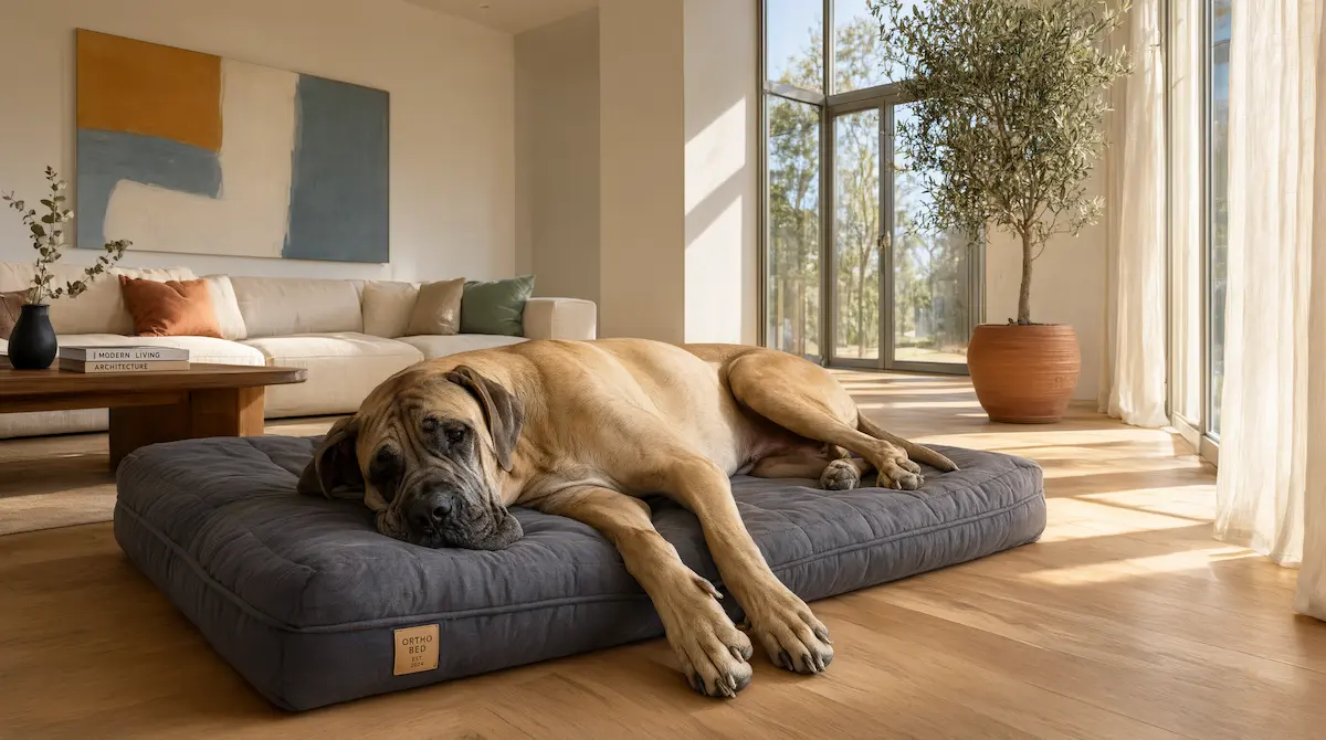 Perro de raza gigante descansando en el espacio interior de una vivienda amplia