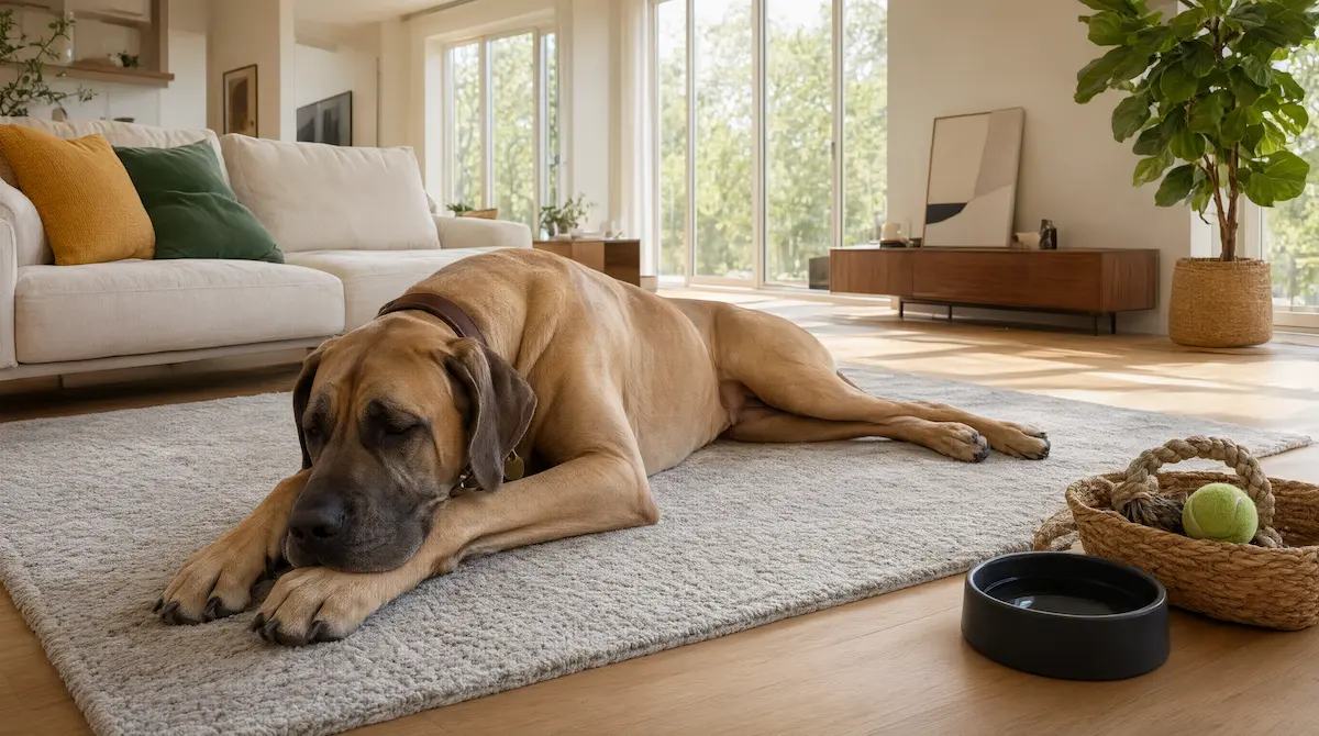 Perro de raza gigante descansando cómodamente en el espacio interior de un piso amplio