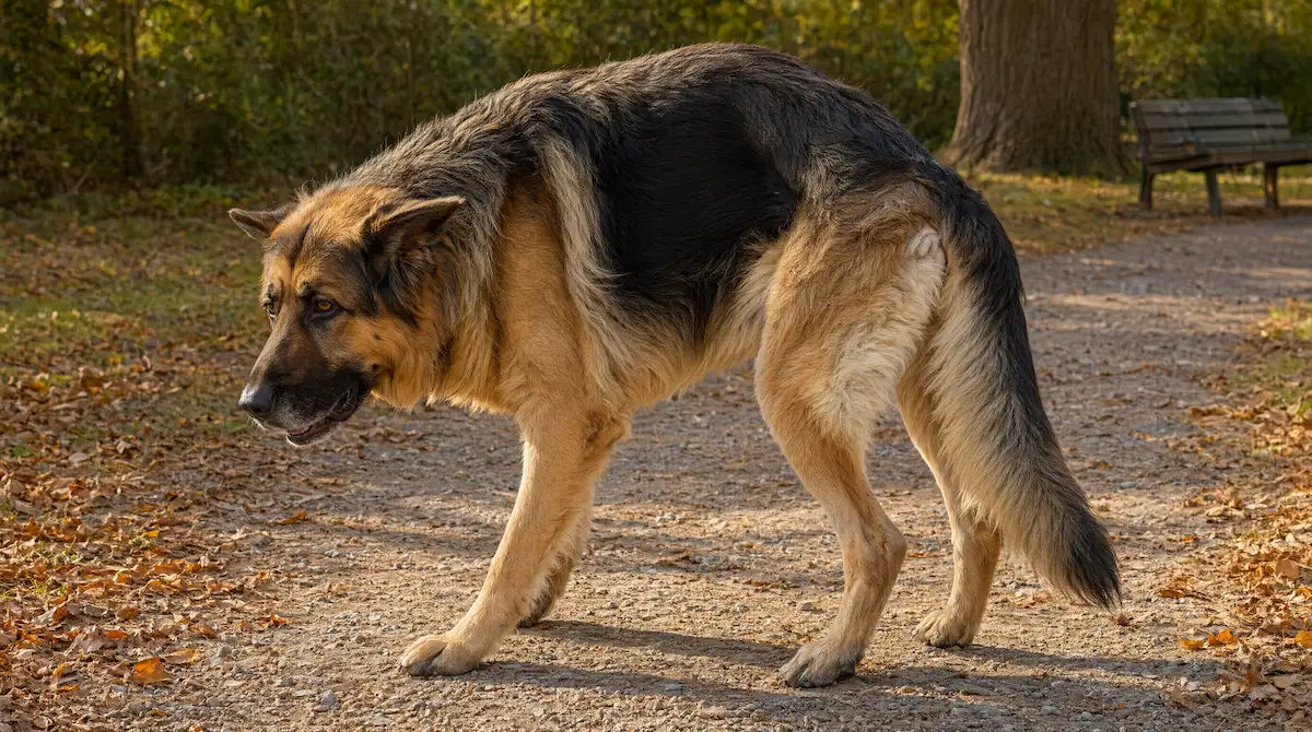 Perro de raza grande mostrando dificultad de movimiento, señal de alarma de displasia de cadera