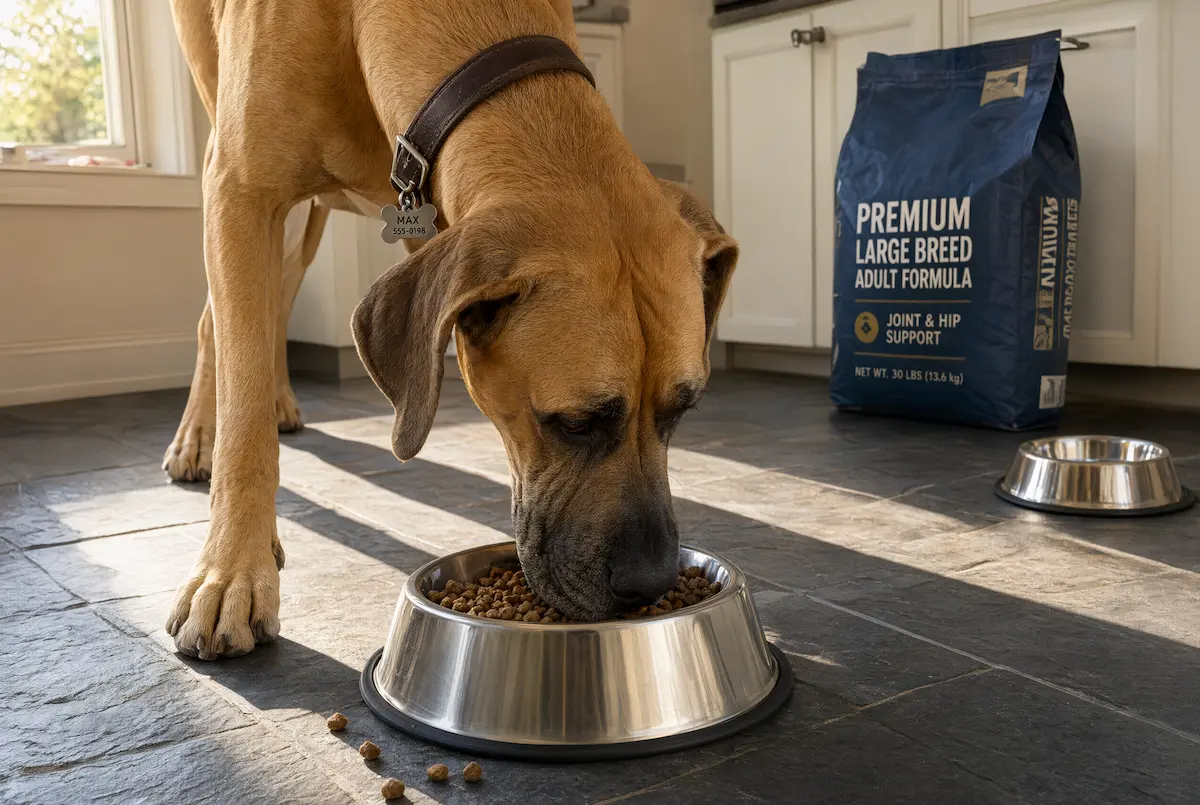Perro de raza grande comiendo de un comedero a nivel del suelo como medida preventiva