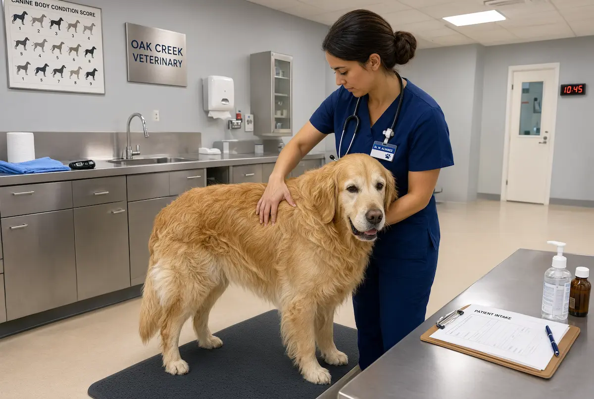 Veterinario evaluando la condición corporal de un perro de raza grande adulto en consulta
