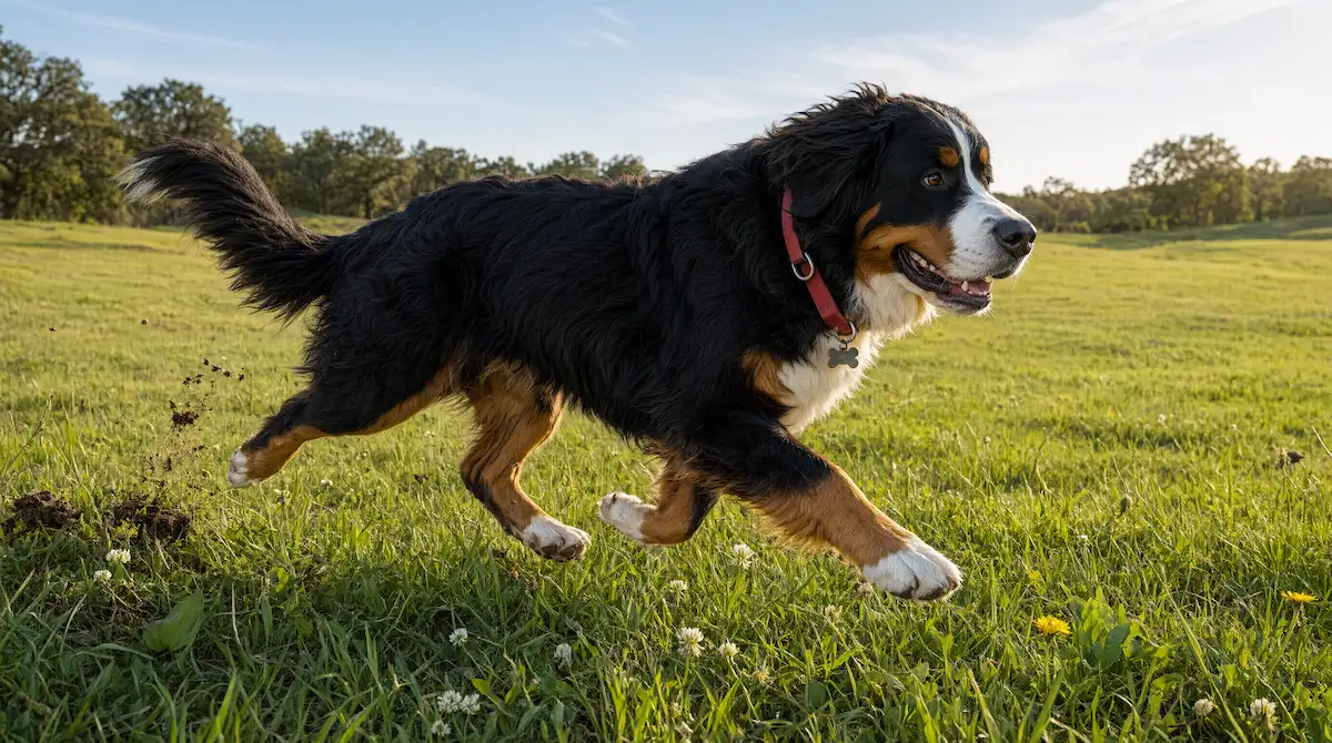 Perro de raza grande haciendo ejercicio al aire libre sobre superficie de hierba blanda