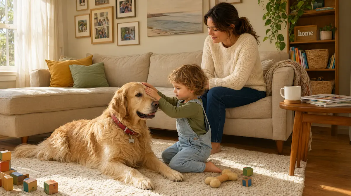 Perro de raza grande conviviendo de forma supervisada con un niño en un entorno familiar