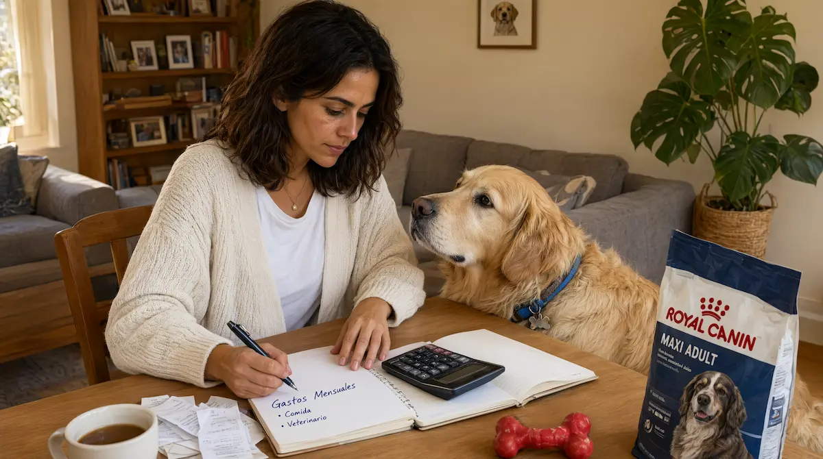 Persona calculando el presupuesto mensual de gastos de un perro de raza grande en casa