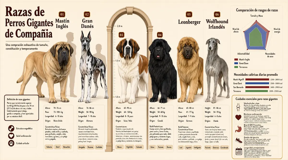 Comparativa de razas de perros gigantes de compañía reunidas mostrando su gran tamaño y complexión