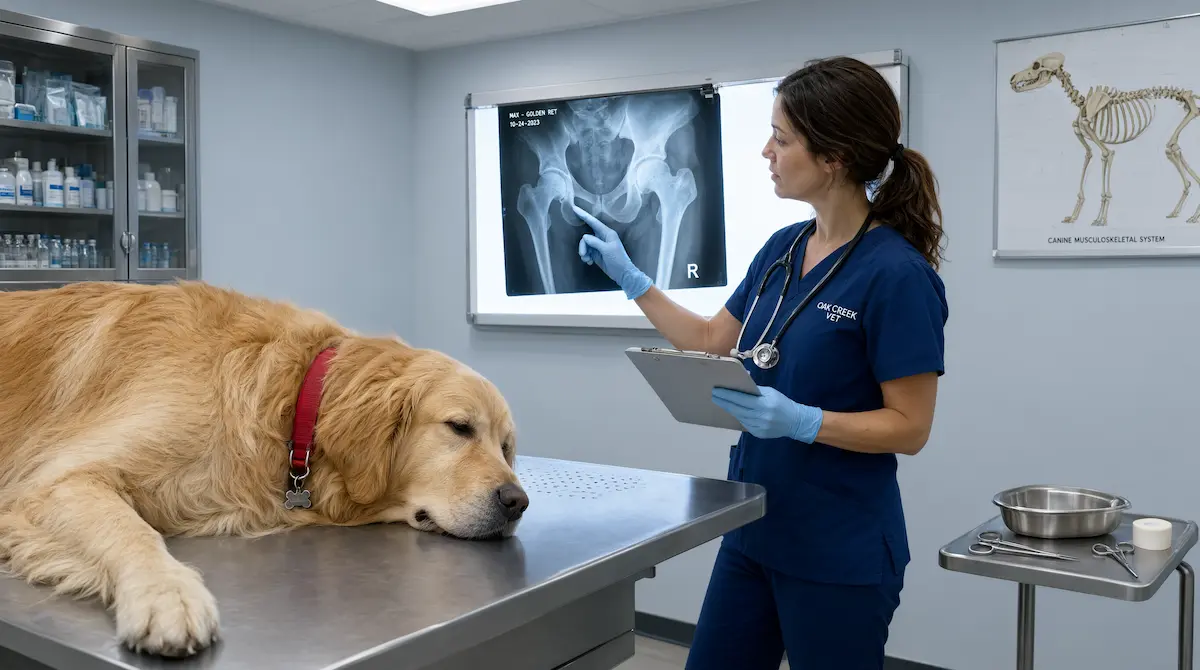Veterinario examinando la cadera de un perro de raza grande mediante radiografía diagnóstica